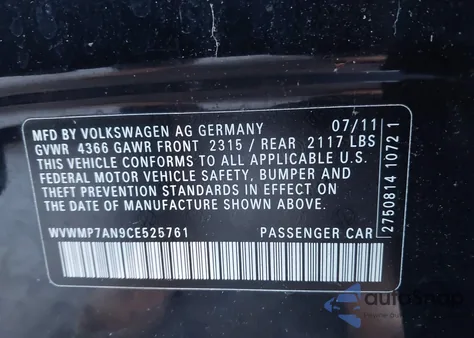 2012 Volkswagen Cc Sport z USA, uszkodzony, nr VIN WVWMP7AN9CE525761